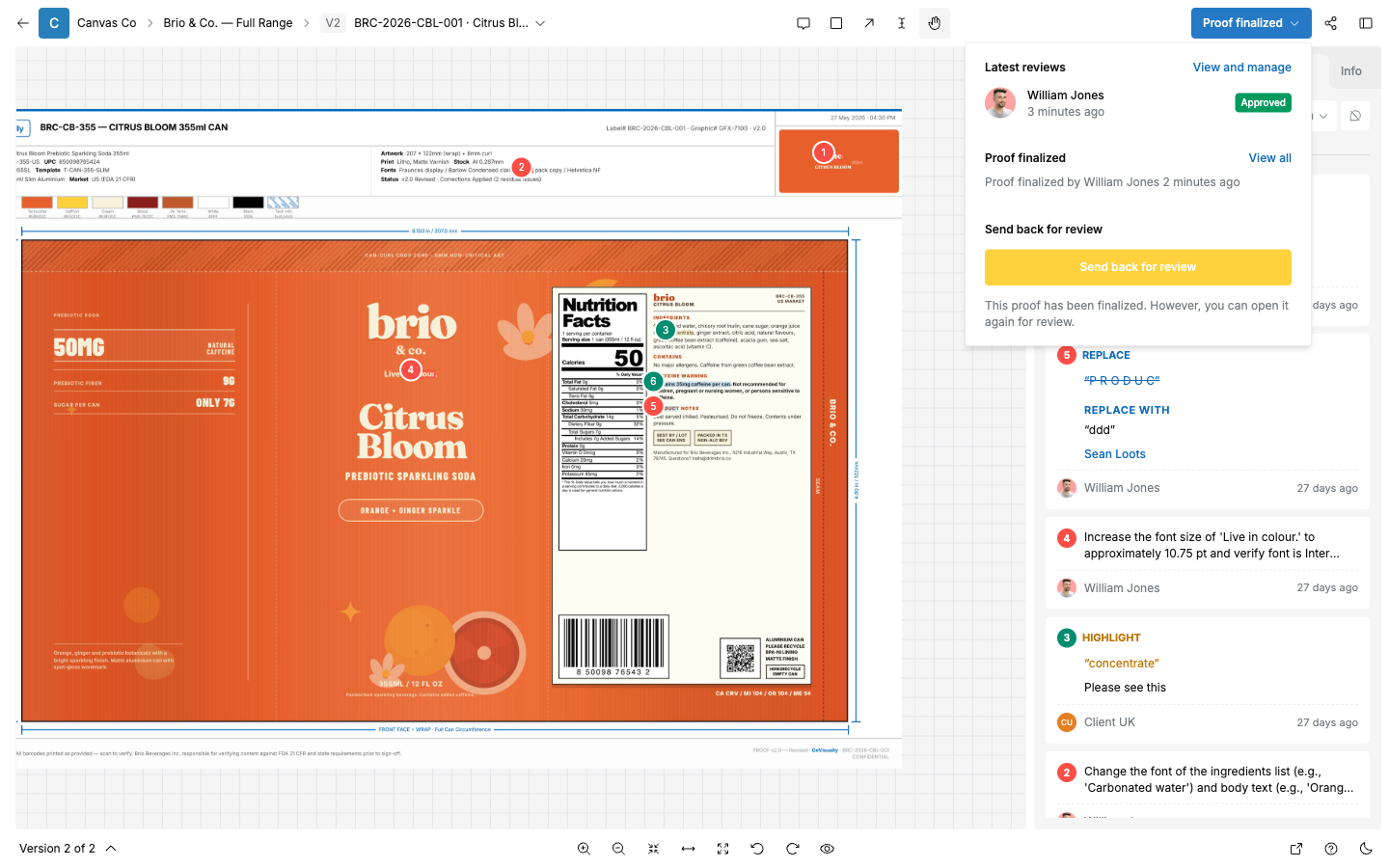 SCREENSHOT: A finalized proof with the "Send back for review" button