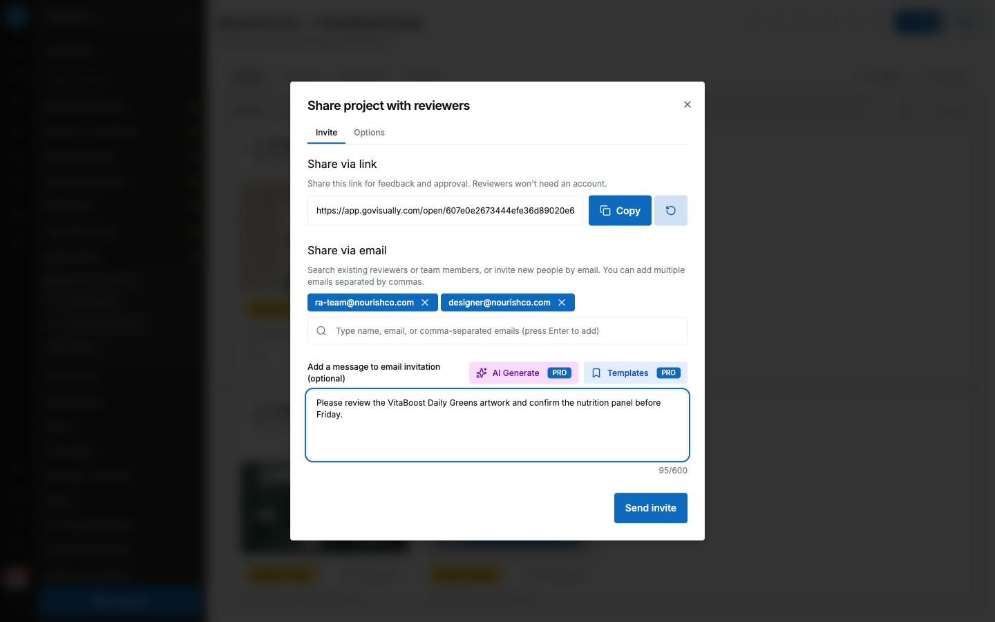 SCREENSHOT: The email invite flow with two addresses added and a template selected