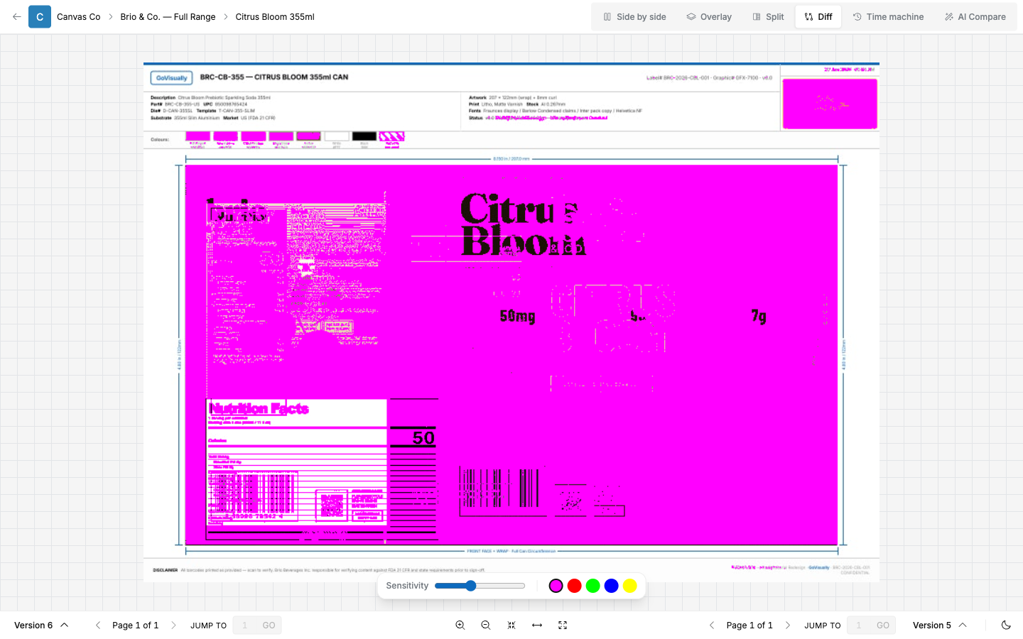 SCREENSHOT: "Diff" mode showing highlighted differences between V2 and V3