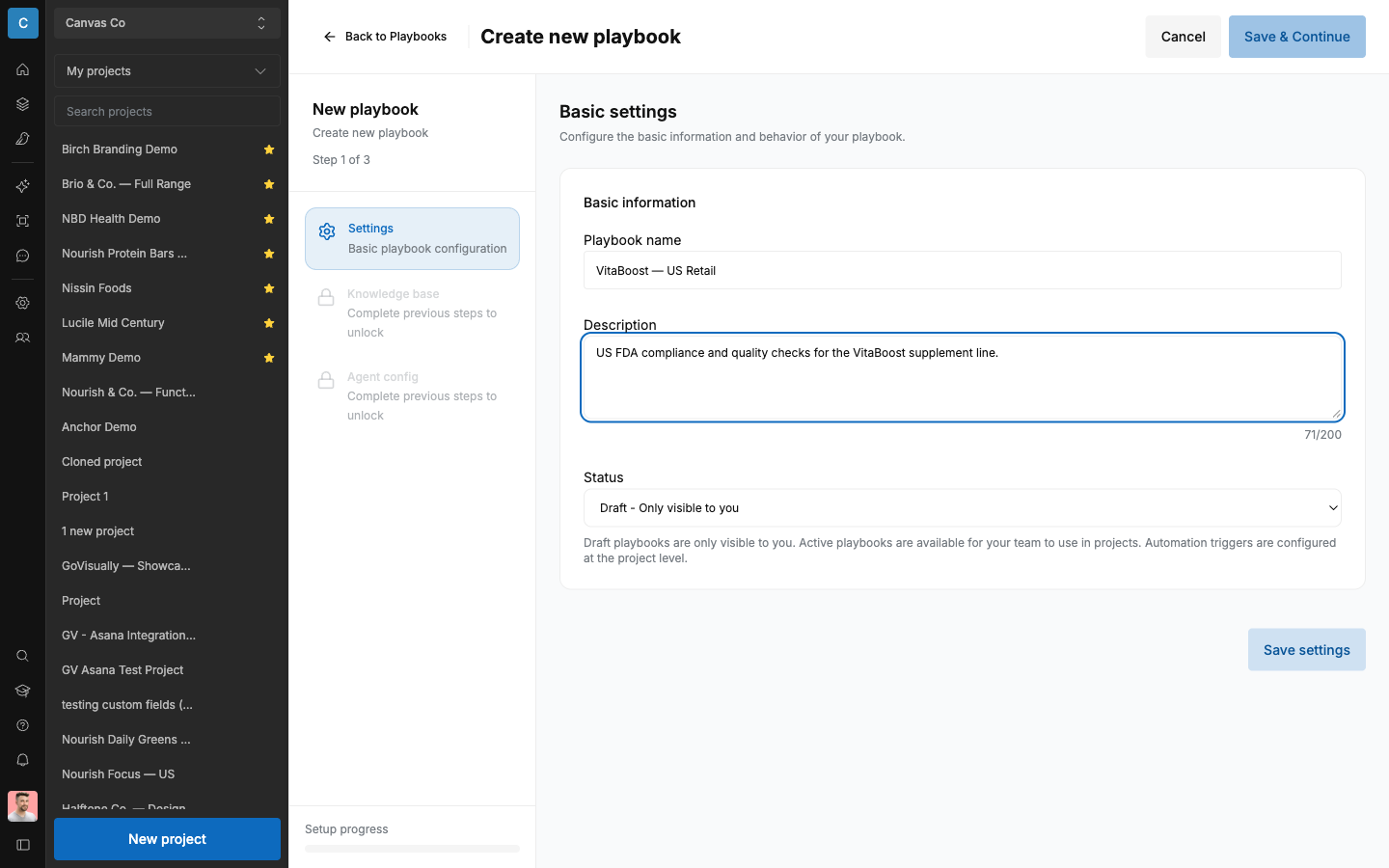 SCREENSHOT: The playbook configuration screen with the three-step sidebar